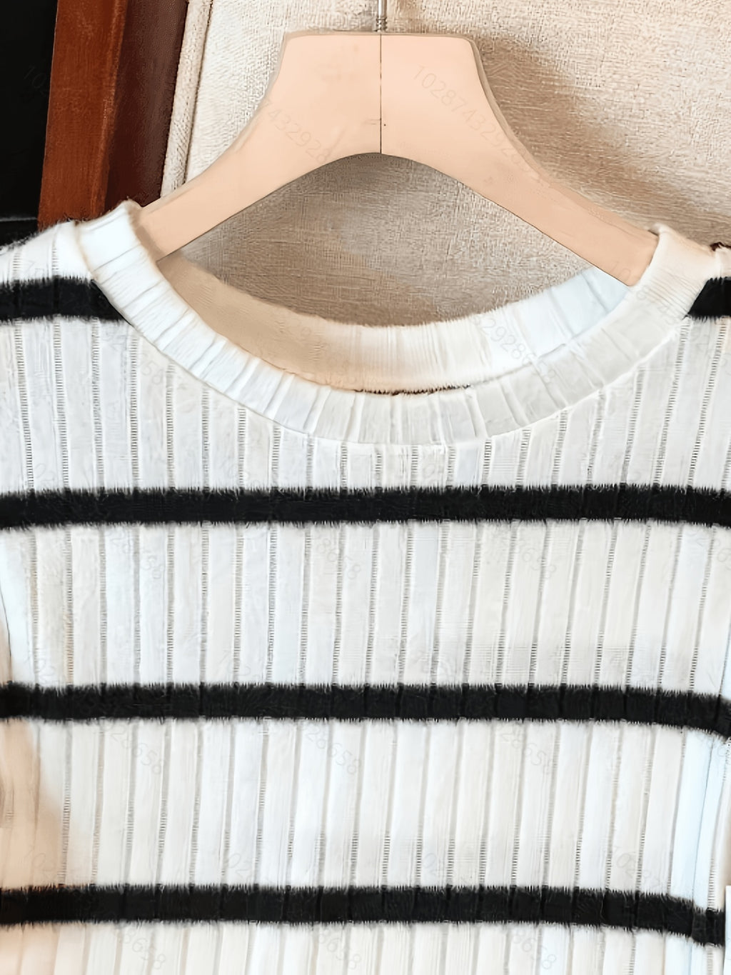 Women's Striped Round Neck Long Sleeve Button Design Casual Mid-Length Dress - White