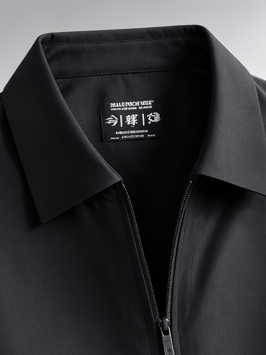 Spring and Autumn Men's Seamless Taped Jacket, Simple Solid Color Seamless Craft Commuter Casual Lapel Outerwear for Middle-Aged and Younger Men's Top - Black