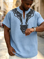 2026 New American Summer Men'S Lightweight Bamboo Rayon Rayon Braid Loose Rune Print V-Neck Casual Short Sleeve - Light Blue