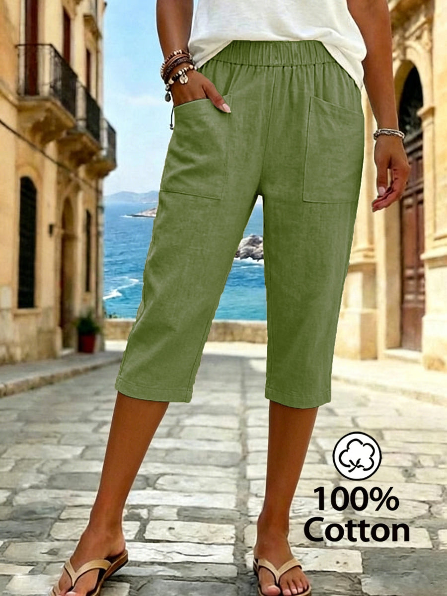 Women's Summer Solid Color Relaxed Fit Casual Mid-Length Pants, Made of Pure Fabric, with Elastic Waistband and Pockets. Loose-Fitting Mid-Length Pants, Suitable for Vacation and Daily Wear - Olive Green