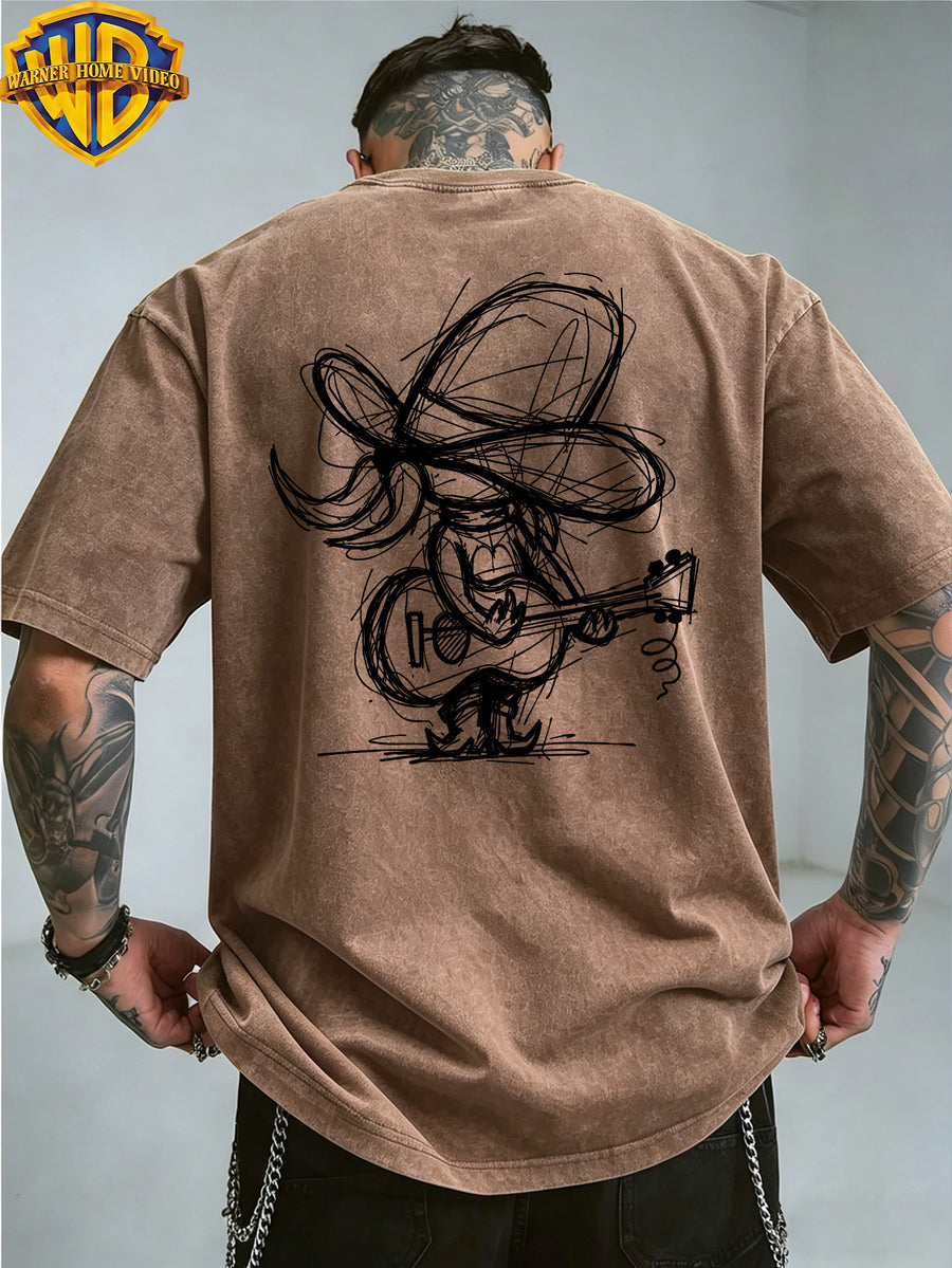 [Warner Bros] Official Authorization, Guitar Playing Denim Print Design, American Retro Washed Distressed T-Shirt, Outdoor Sports Casual Clothing, Daily Commuting, Machine Washable - Coffee Color
