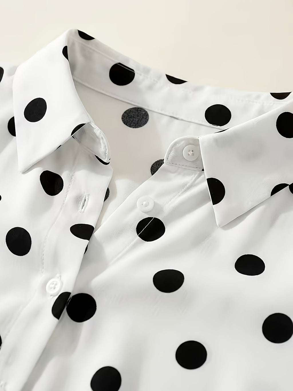 Summer Fashion Black And White Polka Dot Single-Button Off-Shoulder Short Sleeve Shirt, Elegant Casual Women'S Top, Suitable for Office Commute And Daily Wear, Polka Dot Print, Wrinkle-Resistant, Easy Care, Machine Washable - White