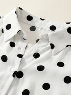 Summer Fashion Black And White Polka Dot Single-Button Off-Shoulder Short Sleeve Shirt, Elegant Casual Women'S Top, Suitable for Office Commute And Daily Wear, Polka Dot Print, Wrinkle-Resistant, Easy Care, Machine Washable - White