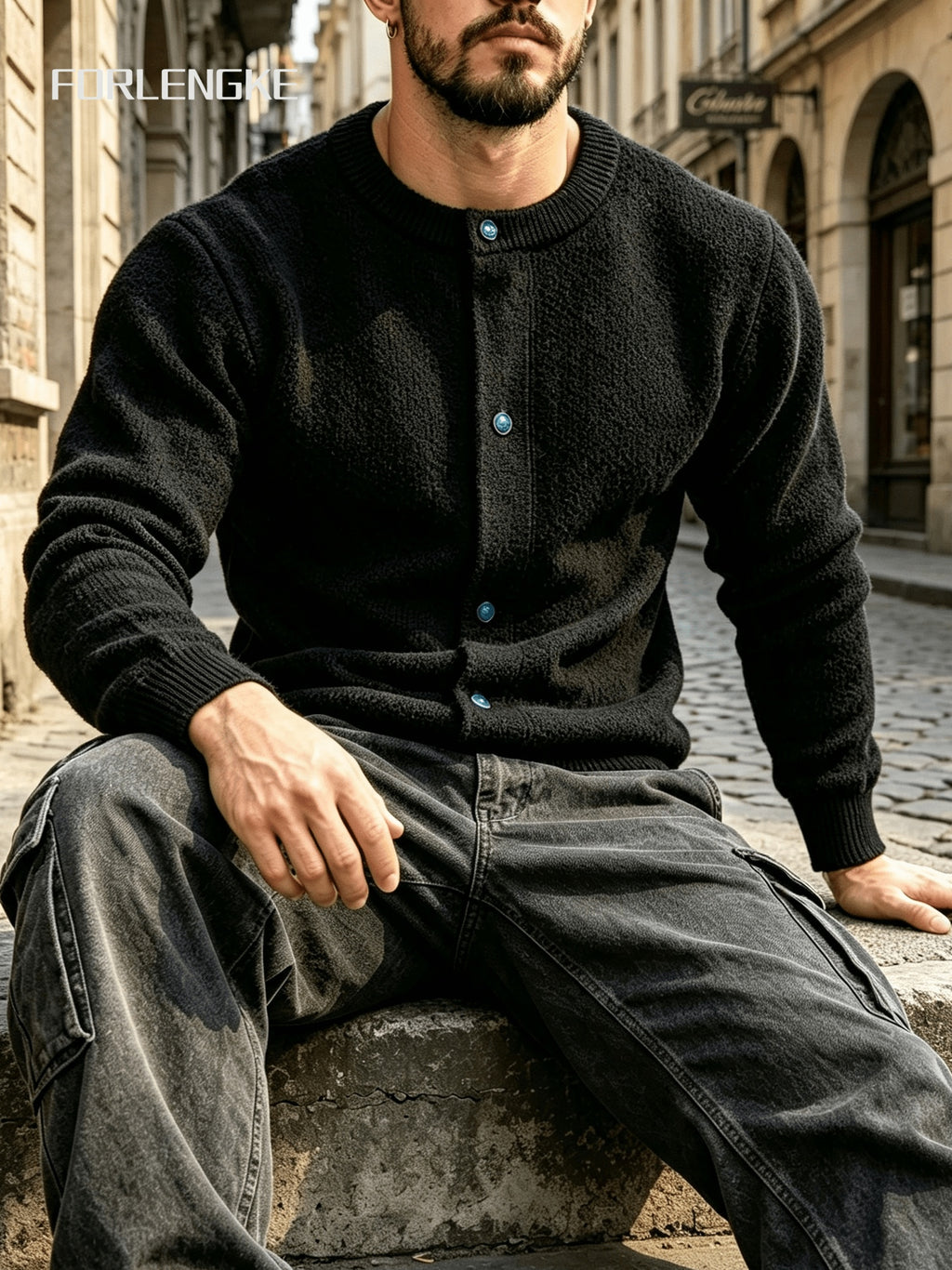 FORLENGKE Autumn Winter Men'S Retro Round Neck Knit Cardigan Heavyweight Hollow Texture Blue Button Loose Sweater Trendy Street Casual All-Match Long Sleeve Top Jacket - Black