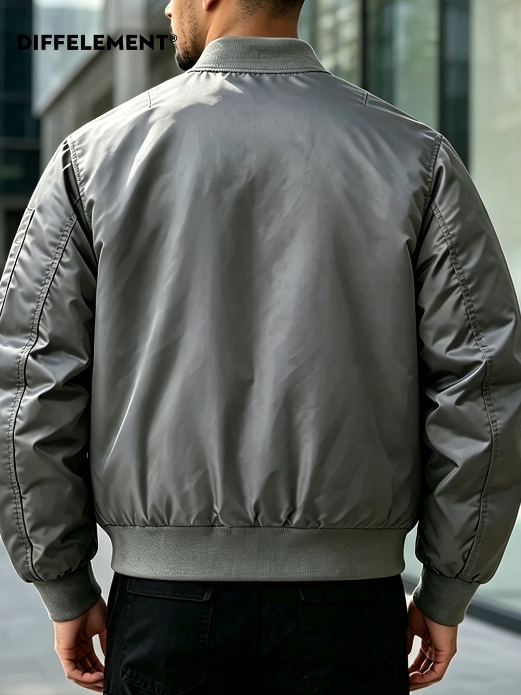 DIFFELEMENT Men's Baseball Collar Flight Jacket, Windproof, Wrinkle-Resistant, Wear-Resistant, Woven Fabric, Smooth Zipper Closure, Ribbed Cuffs and Hem, Sleeves with Pockets, Red Ribbon Accent, Loose Casual Fit, Suitable for Urban Commuting - Grey