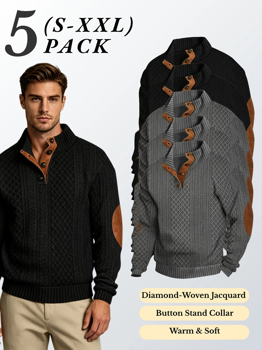 5pcs Set Men's Textured Jacquard Knit Vintage Casual Button-Up Stand Collar Long Sleeve Top, Versatile Basic Solid Color for Autumn/Winter Outings and Home Wear - Dark Gray 3+Black 2