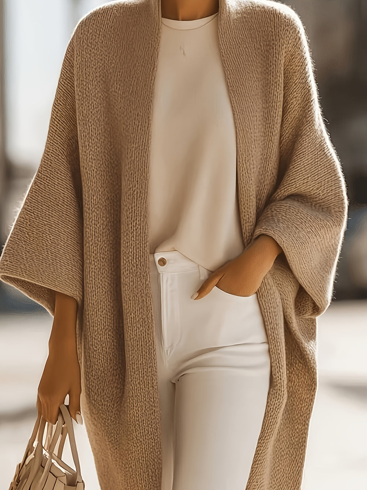 YYTT Minimalist Soft And Chewy Shawl Coat, Loose Mid-Length Versatile Commuter Outerwear Warm Cape Cardigan - Linen