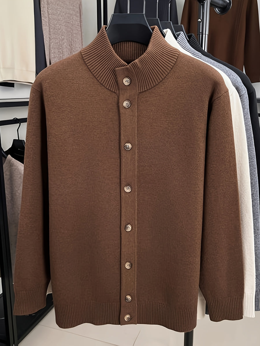 Easy Style Men'S Button-Up Knit Jacket, High-Neck Casual Sweater Coat, Fabric: 45% Acrylic, 26.9%, 22.7% Nylon, 5.4% Velvet Velvet; Stretchy Soft Sweater Outerwear, Suitable for Office And Street Casual Wear - Mocha Brown