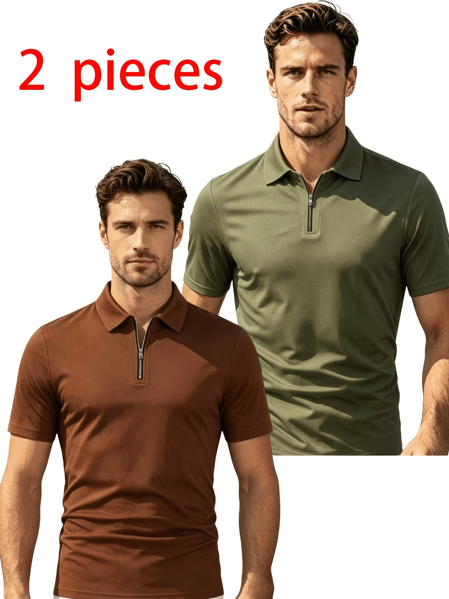 2pcs Men'S Short Sleeve Casual Athletic Polo Shirt Set, Zipper Collar, Comfortable And Breathable, Original Design - Brown is Canadian Green