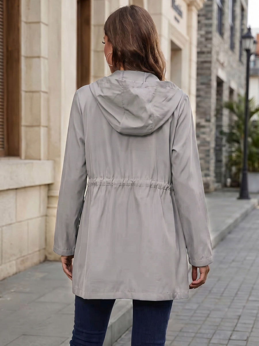 Spring And Autumn Styles. Casual Workwear, Drawstring Waist Belt, Hooded Jacket - Grey