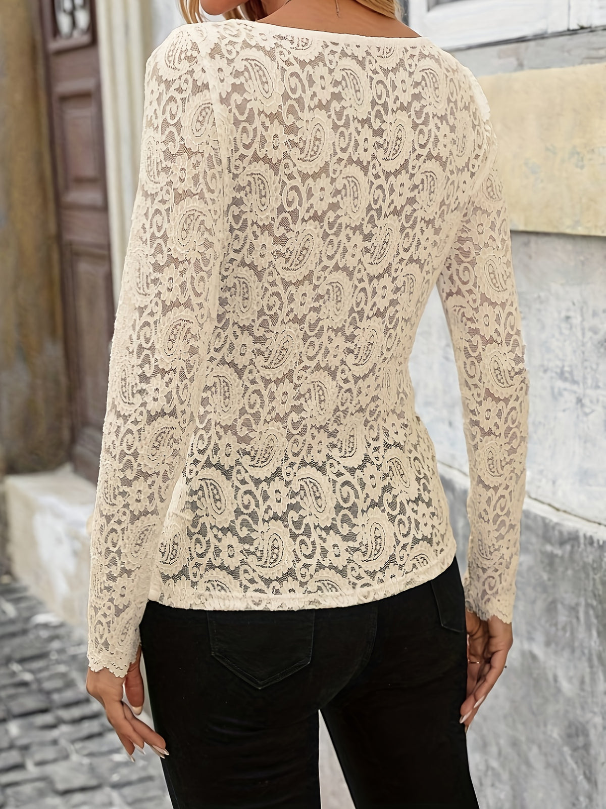 Elegant Lace Trim Long Sleeve T-Shirt - Apricot