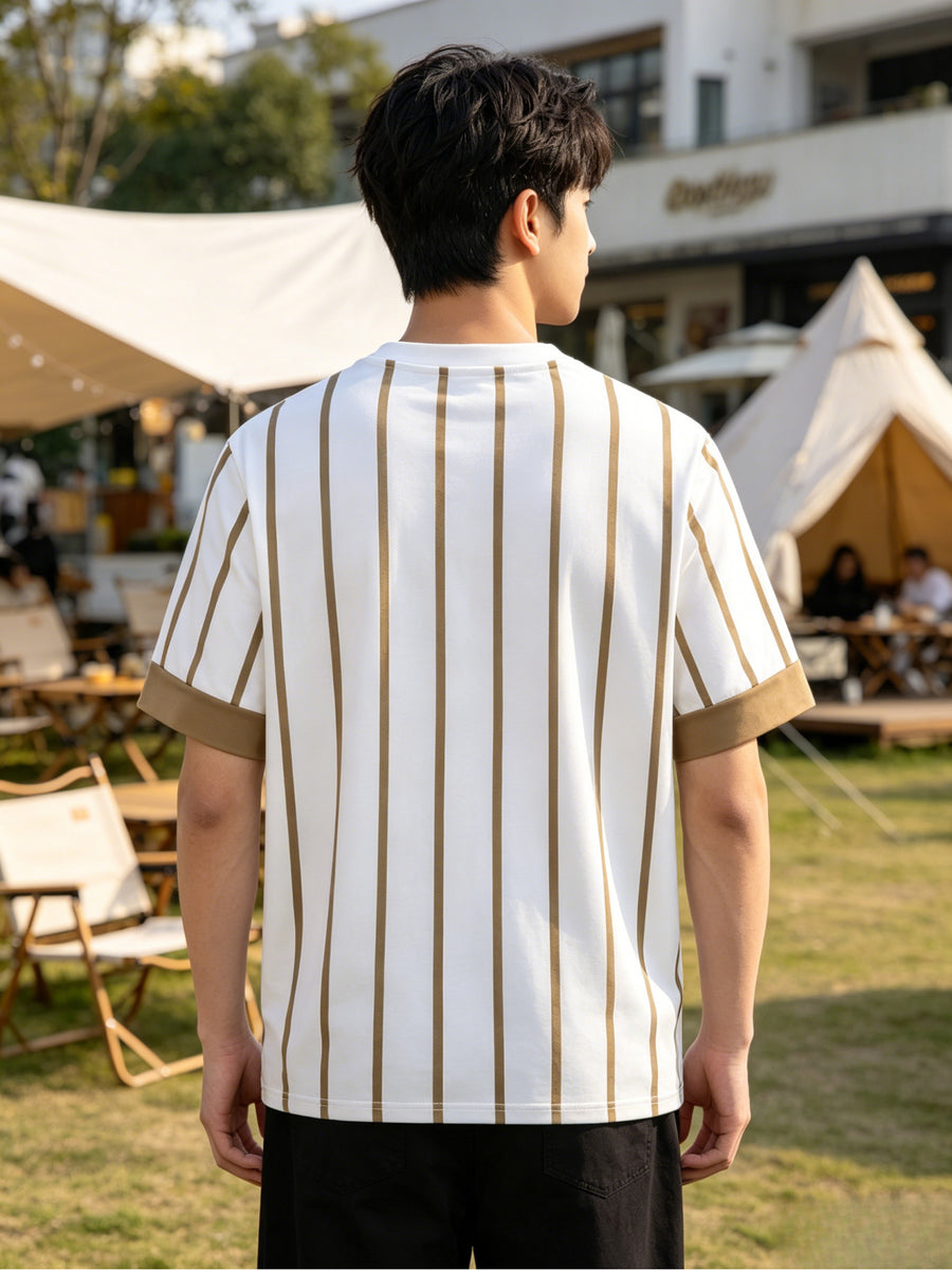 Men's Summer T-Shirt, Light Luxury Khaki Vertical Stripe Contrast Color Print, Comfortable and Breathable, for Urban Commuting, Casual, and Vacation, Versatile Men's Apparel [Printed Design – Not Textured] - Mixed colors