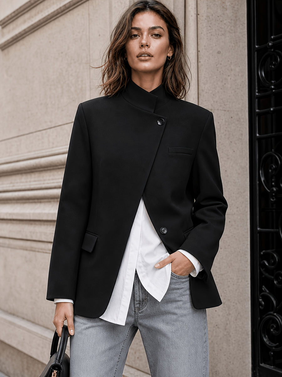 Stand-up Collar with Irregular Slanted Placket, Women's Casual Blazer, Versatile and Elegant Commuter Blazer Top, Dual-wear Suit for Daily and Workplace, Lined, with Pockets - Black
