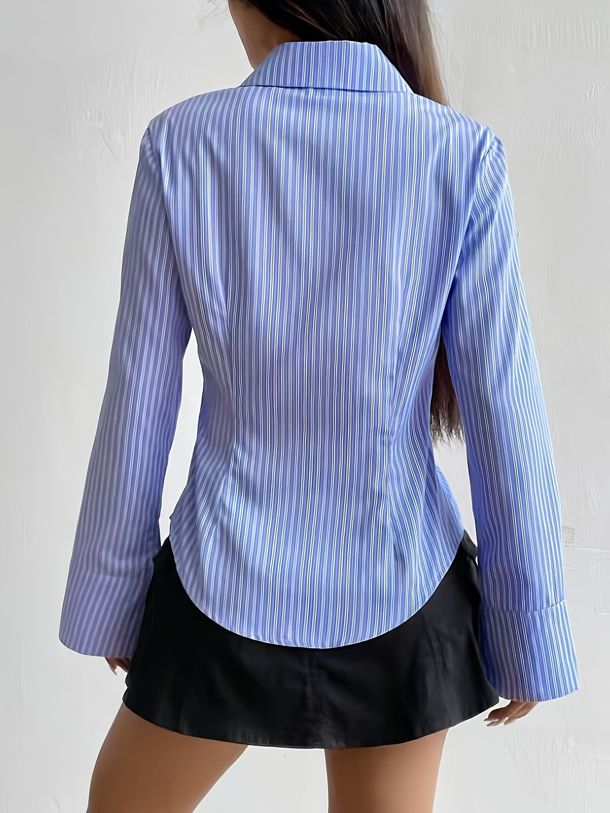 Pure Desire Style Slim Striped Shirt High Waist Curved Hem Hot Long-Sleeved Shirt - Vibrant Blue