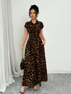 Women'S Elegant Leopard Print Lapel Short Sleeve Waist-Defining Button Front Dress - Dark Brown