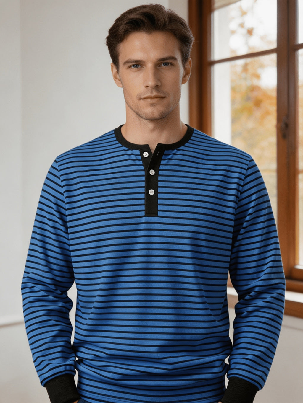 Men'S Round Neck Long Sleeve Henley Shirt, Classic Striped Button-Front Top, Ribbed Cuffs And Hem Breathable Soft Knit Pullover, Men'S Autumn Casual Shirt - Royal Blue