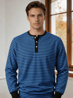 Men'S Round Neck Long Sleeve Henley Shirt, Classic Striped Button-Front Top, Ribbed Cuffs And Hem Breathable Soft Knit Pullover, Men'S Autumn Casual Shirt - Royal Blue