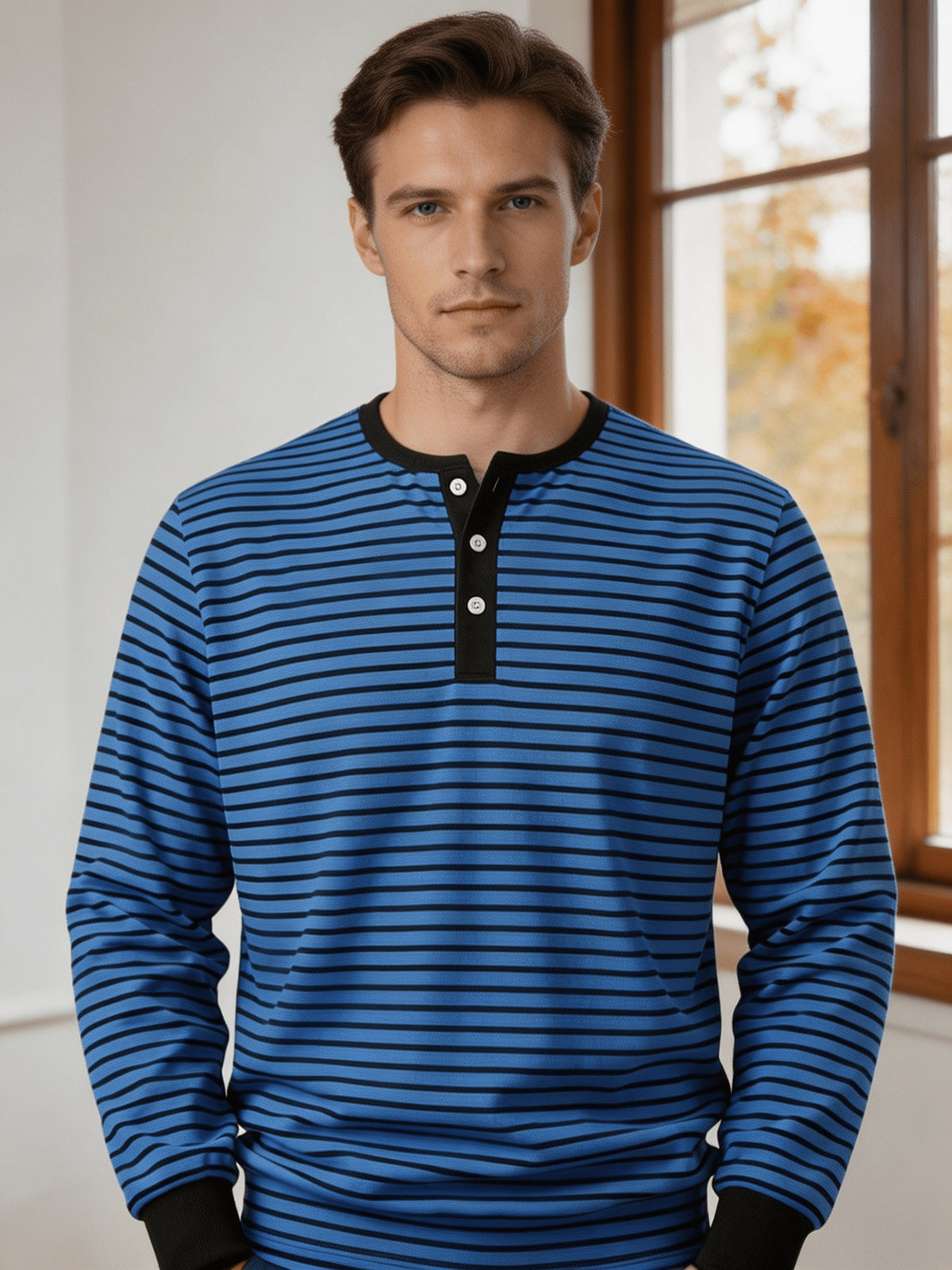 Men'S Round Neck Long Sleeve Henley Shirt, Classic Striped Button-Front Top, Ribbed Cuffs And Hem Breathable Soft Knit Pullover, Men'S Autumn Casual Shirt - Royal Blue