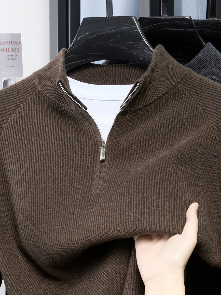 Du Jing Lan OBM Spring/Autumn New Arrival Men's Knitted Pullover, Old Money Style Solid Color Half-Open Placket Stand Collar Long Sleeve Knitted Pullover, Men's Business Casual Fashion Ribbed Sweater, Suitable for Layering or Wearing as an Inner - Dark Brown