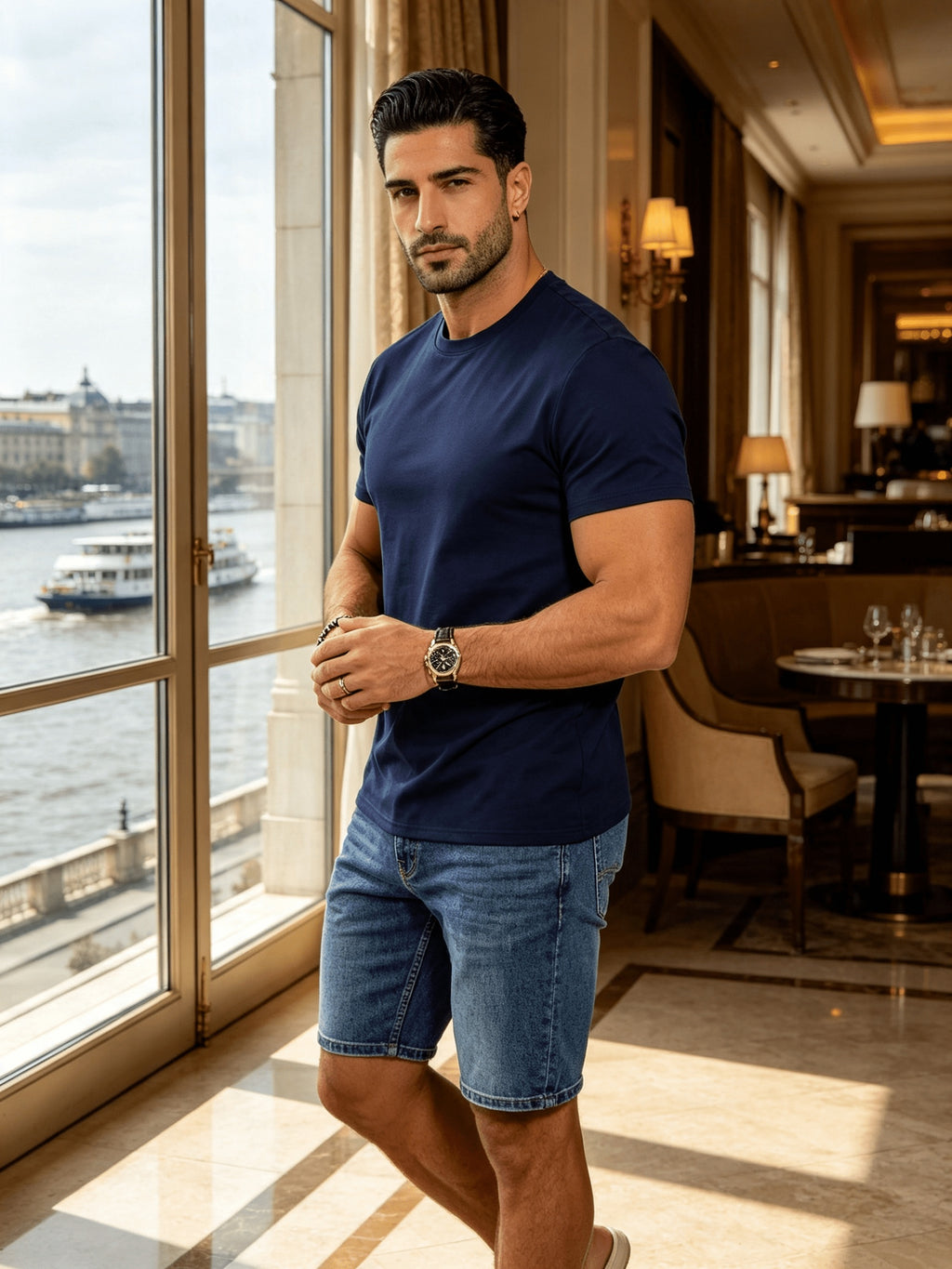 Men's Spring/Summer Solid Color T-Shirt, Short-Sleeve Top, Casual and Breathable, Suitable for Commuting and Outings, Fashionable, Trendy, Simple, and Versatile, a Casual Essential - Navy Color