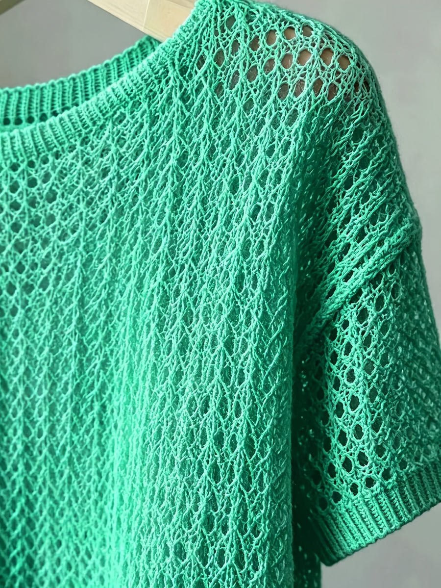Women's Hollow Out Short Sleeve Blouse Sweater - Semi-Sheer Crochet Round Neck Lightweight Summer Top, Breathable Loose Pullover Blouse Suitable for Daily Wear & Vacation, Machine Washable Solid Color Crochet Knitwear - Green