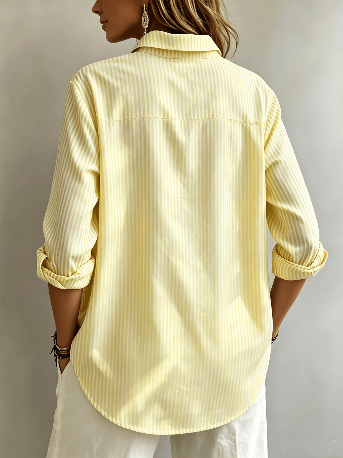 Spring/Autumn Women'S Shirt, Long Sleeve Striped Pocket Casual Skin-Friendly Breathable Commute Daily Summer Top Women'S Shirt - Yellow