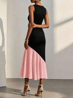 Women'S Summer Round Neck Elegant Sleeveless Two-Tone Dress, Asymmetrical Cut Design, Formal Gown, Bridesmaid Dress, Suitable for Wedding Season, Evening Parties, Casual Wear, Contrast Dress - Black Pink