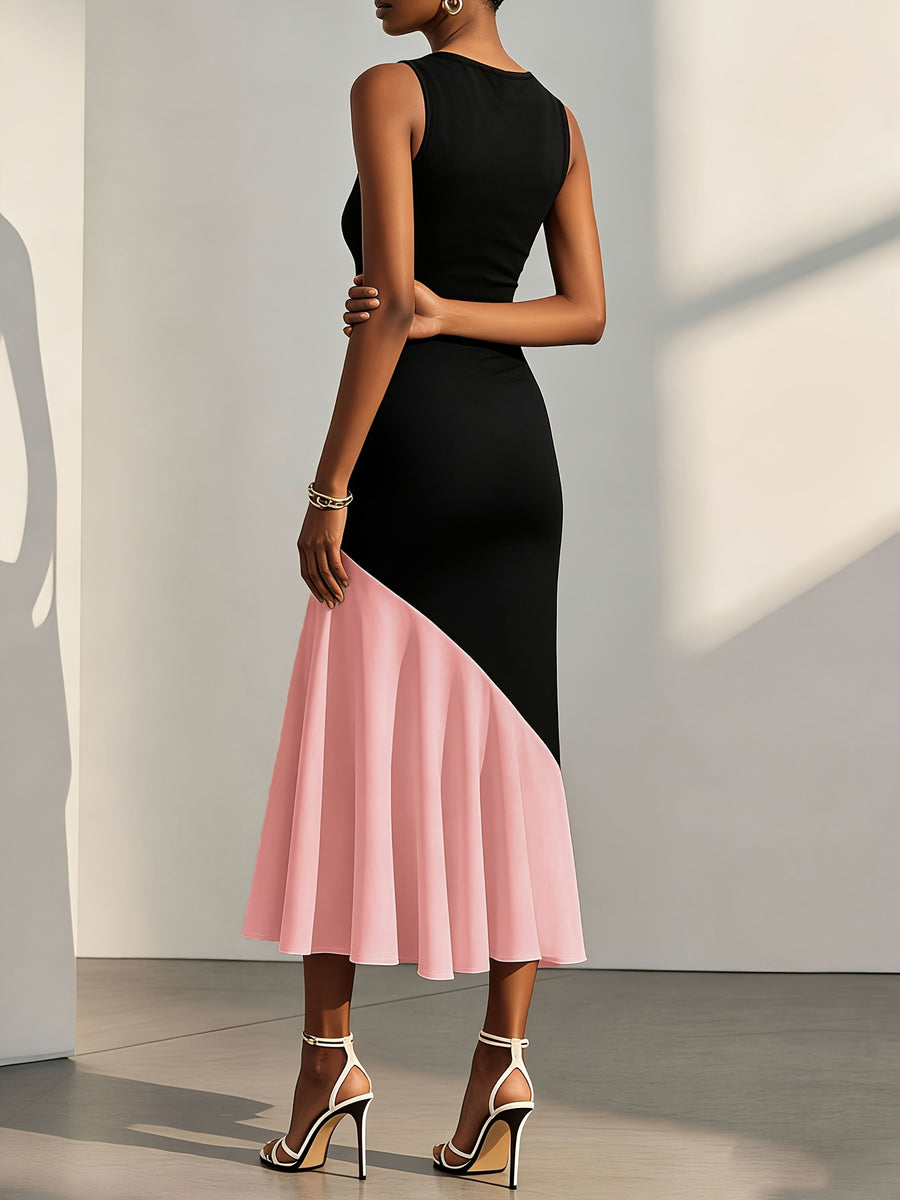 Women'S Summer Round Neck Elegant Sleeveless Two-Tone Dress, Asymmetrical Cut Design, Formal Gown, Bridesmaid Dress, Suitable for Wedding Season, Evening Parties, Casual Wear, Contrast Dress - Black Pink