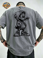 Warner Bros Official Hand-Drawn Cartoon Print Washed T-Shirt, Men's 100% Pure Cotton Fabric, Casual and Comfortable Style, Loose Fit Breathable Short Sleeve Men's Casual Top, Distressed Washed Loose Fit - Grey