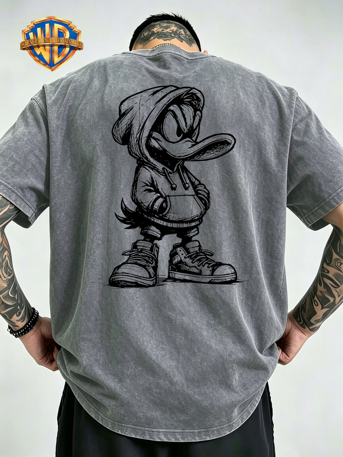 Warner Bros Official Hand-Drawn Cartoon Print Washed T-Shirt, Men's 100% Pure Cotton Fabric, Casual and Comfortable Style, Loose Fit Breathable Short Sleeve Men's Casual Top, Distressed Washed Loose Fit - Grey