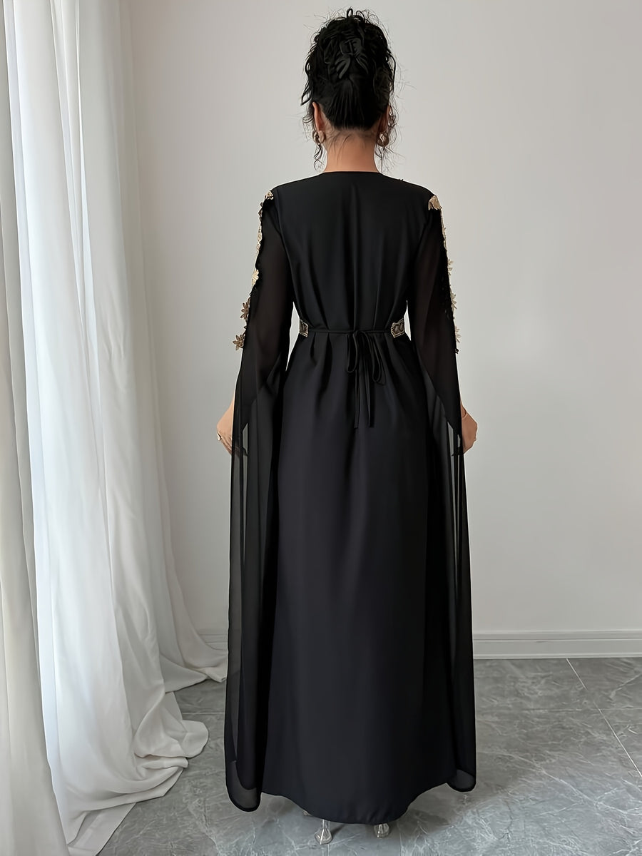 DJ0518185 Integrated Exquisite Golden Embroidery Mesh Outer Wrap Dress, Luxurious Elegant Temperament, "Golden Embroidery" Highlights Golden Embroidery Element - Black