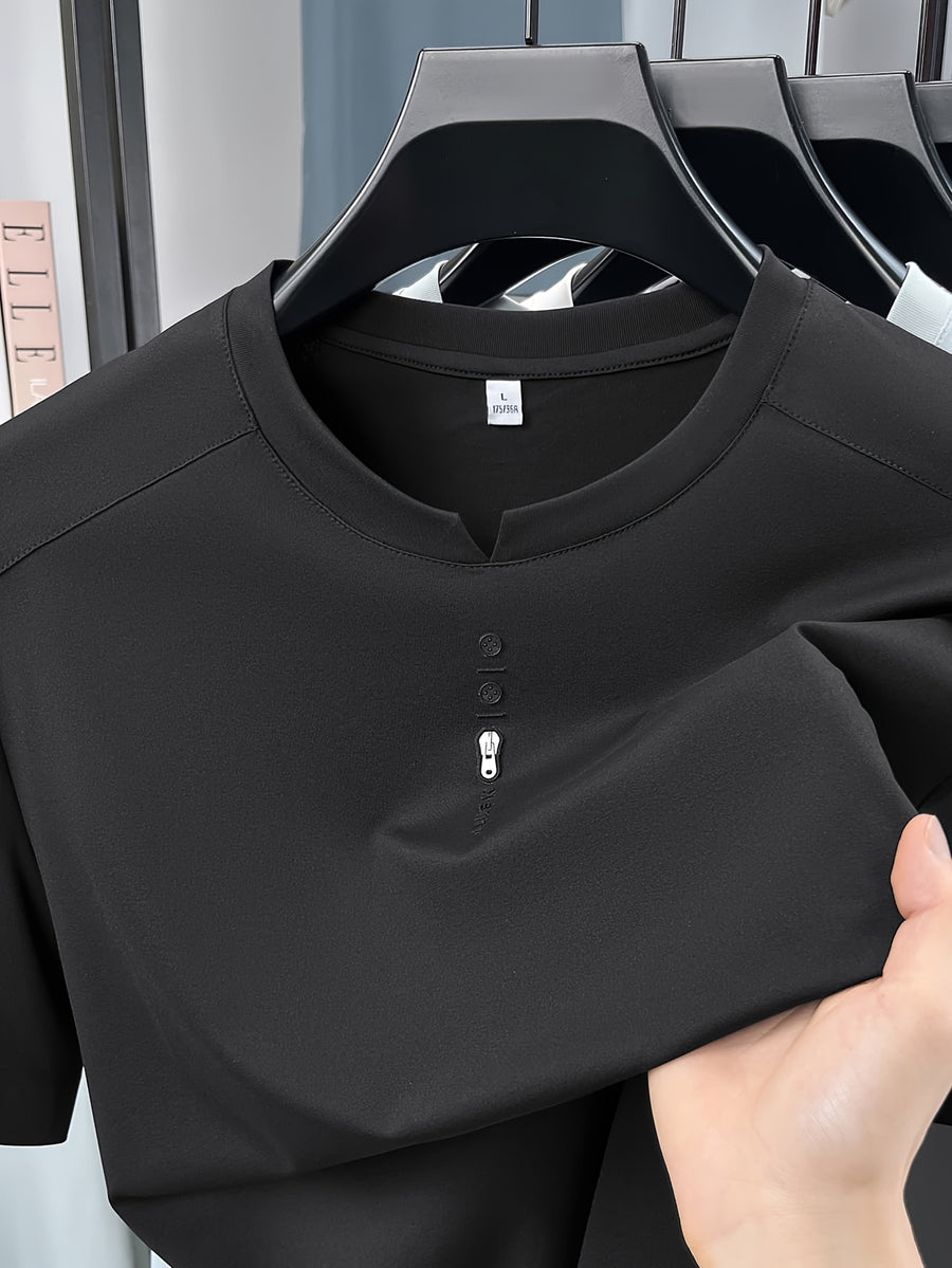 Men'S New Short Sleeve Easy Loose Commute All-Match Round Neck Top Short Sleeve T-Shirt Summer Cool Top Middle-Aged Dad Round Neck T-Shirt Business Casual Men'S Fashion Comfortable Multi-Color Short Sleeve T-Shirt LSL-26235 - Black