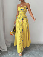 Spring And Summer New Elegant Resort European And American Fashion Trend Casual Women'S Clothing Floral Print Sleeveless Square Neck Suspender Dress - Yellow