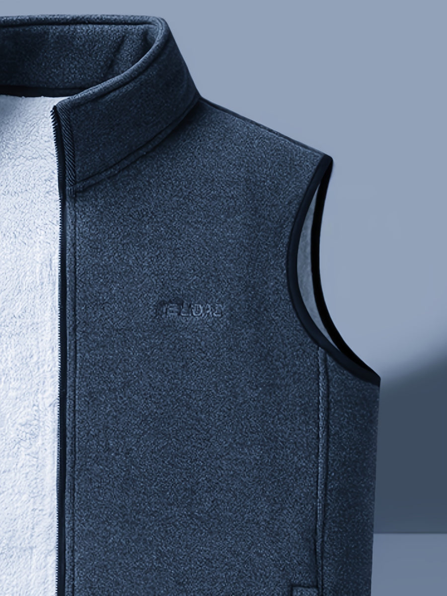 Men's Autumn Winter Casual Fleece-Lined Vest, Thickened Faux Blend Fleece Stand Collar Cardigan Vest for Outdoor and Home Wear, Warm Sleeveless Jacket Vest - Navy Color