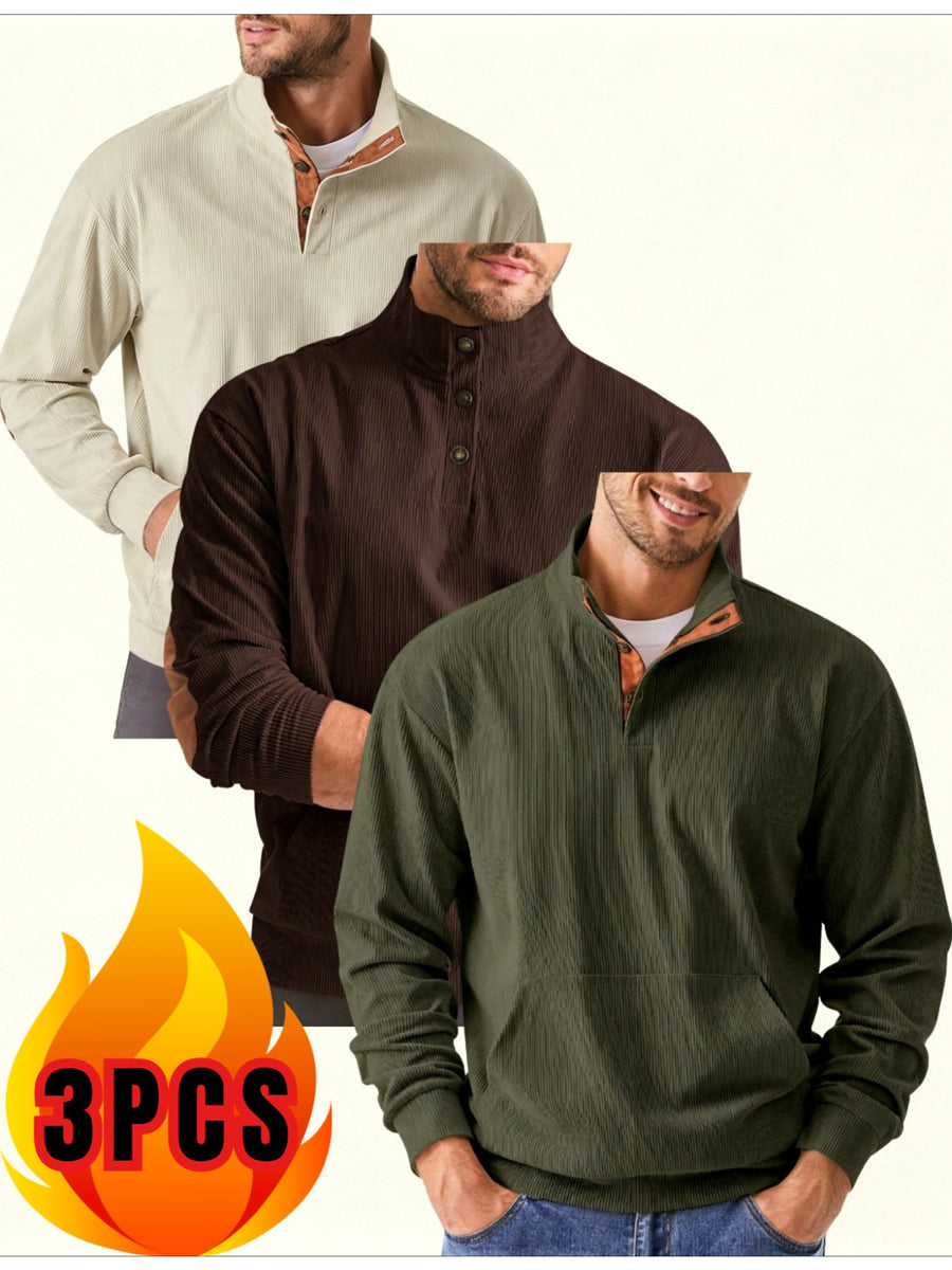 Men's 3pcs Set Corduroy Half-Button Stand Collar Long Sleeve Fashion Sweatshirt, Contrast Color Buttons Half-Open Placket, Double Elbow Applique Patches, Front Kangaroo Pocket, Ribbed Cuffs and Hem Vintage Casual Sweatshirt - xing+zong+lv