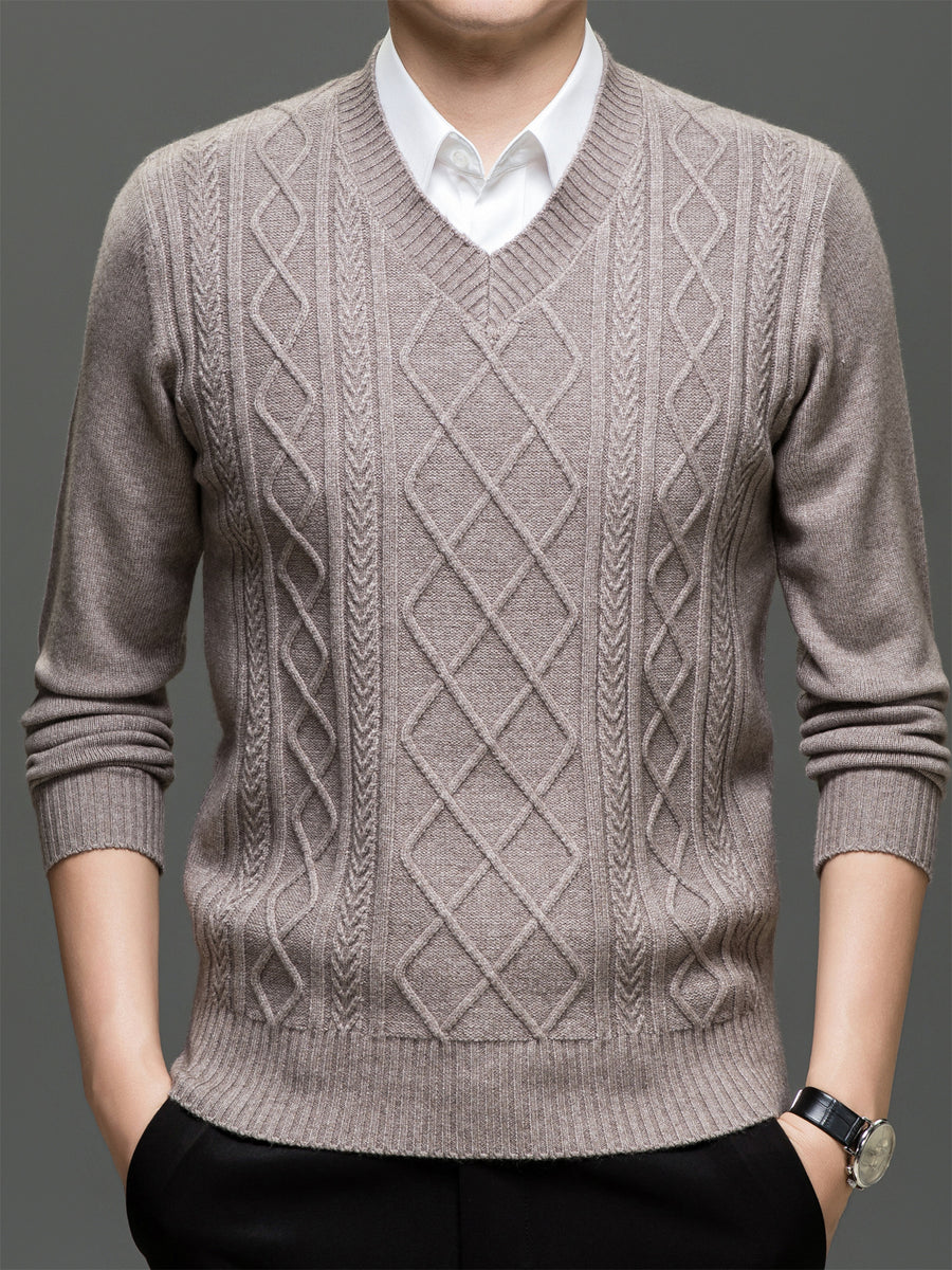 Men's Solid Color V-Neck Sweater - Basic Knit Pullover Sweater Suitable for Fall/Winter, Warm Casual Long-Sleeve Knitwear, Hand Washable V-Neck Sweater for Office & Casual Attire, All Sizes S - Beige Camel