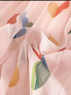 New High-Waisted Pleated Tulle Skirt with Peach Heart Print, A-Line Midi Skirt with Flared Hem - Pink