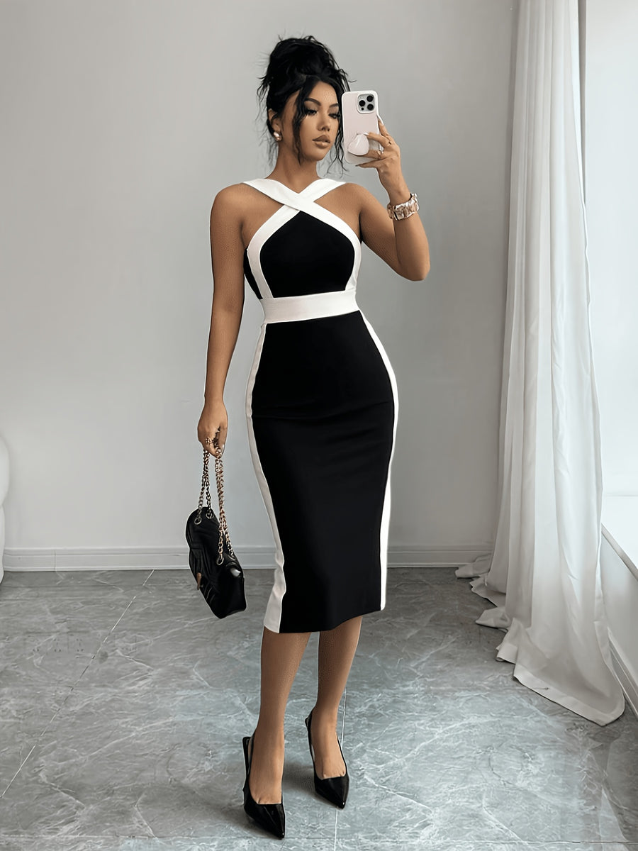 Fashion Women Contrast Color Crisscross Halter Neck Midi Dress, Chic Sleeveless Backless Bodycon Pencil Dress, Elegant Fitted Black White Dress for Wedding Guest Evening Club Business Outfit - Black
