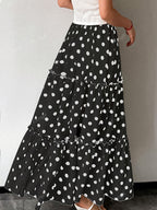 Women's Elegant Special Line High-Waisted Maxi Skirt with Dot Print & Pleated - Full-Length Loose -Line Skirt, Machine Washable for Weddings, Parties, - Year-Round Wear (Non-Stretch) - Black