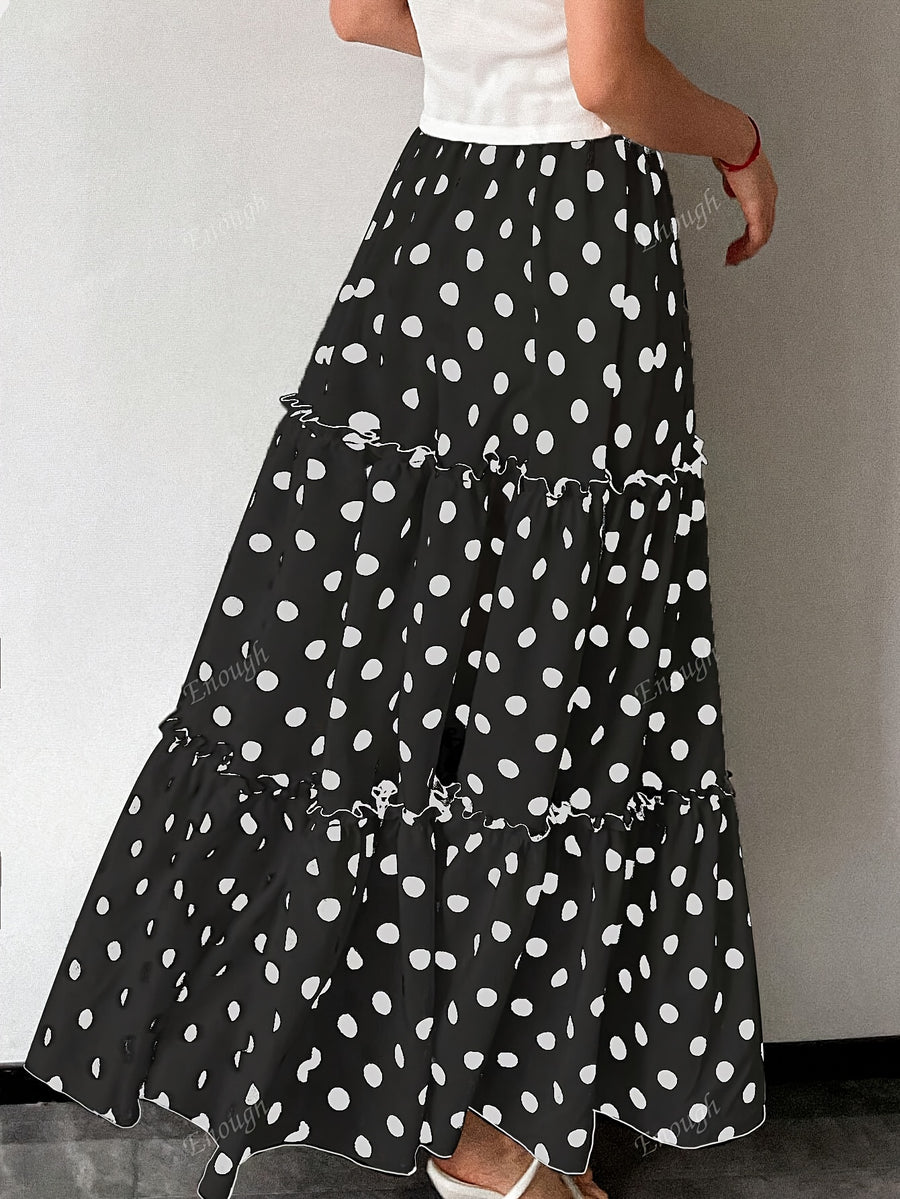 Women's Elegant Special Line High-Waisted Maxi Skirt with Dot Print & Pleated - Full-Length Loose -Line Skirt, Machine Washable for Weddings, Parties, - Year-Round Wear (Non-Stretch) - Black