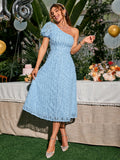 Women's Elegant Off-Shoulder Lace Dress - Sky Blue A-Line Midi Dress with Asymmetrical Hem & Waist-Cinching, Fitted Bodice Suitable for Weddings, Birthday Parties, Dinner Parties, Machine Washable Wedding Guest Dress - Sky Blue