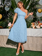 Women's Elegant Off-Shoulder Lace Dress - Sky Blue A-Line Midi Dress with Asymmetrical Hem & Waist-Cinching, Fitted Bodice Suitable for Weddings, Birthday Parties, Dinner Parties, Machine Washable Wedding Guest Dress - Sky Blue
