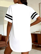 Plus Size Striped Cuff Short Sleeve, Solid Color Spring Summer Fashion Plus Size Short Sleeve, Mid-Length Design, Black And White Available, Suitable for Spring Summer Outings, Travel, Home, Outdoor Photoshoots, Cute Plus Size Women'S Clothing - White