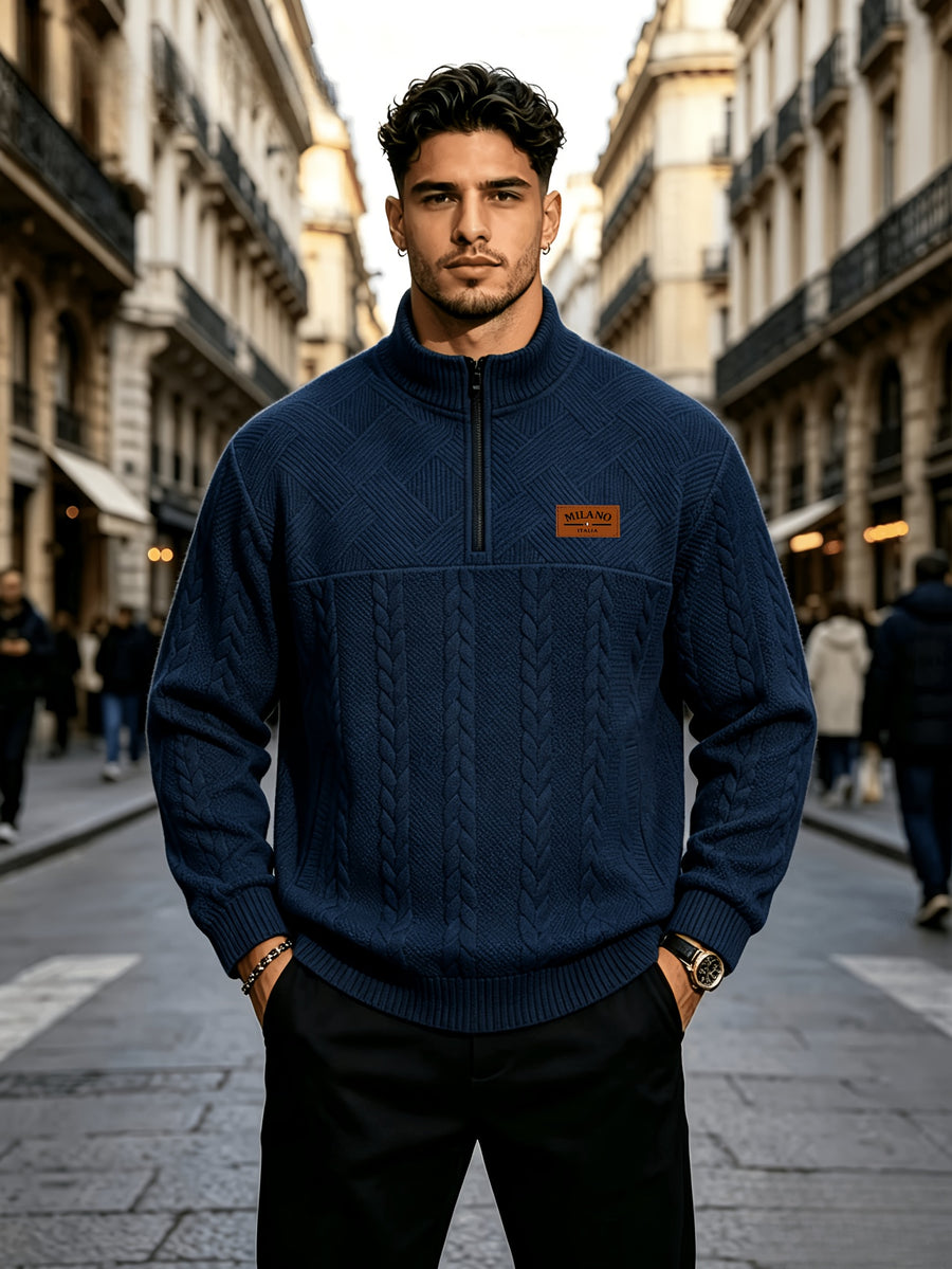 Whale Crossing OBM Men's Spring, Autumn, Winter Classic Fashion Italian Milanese Label Knitted Cable Knit Stand Collar Sweatshirt - Navy Color