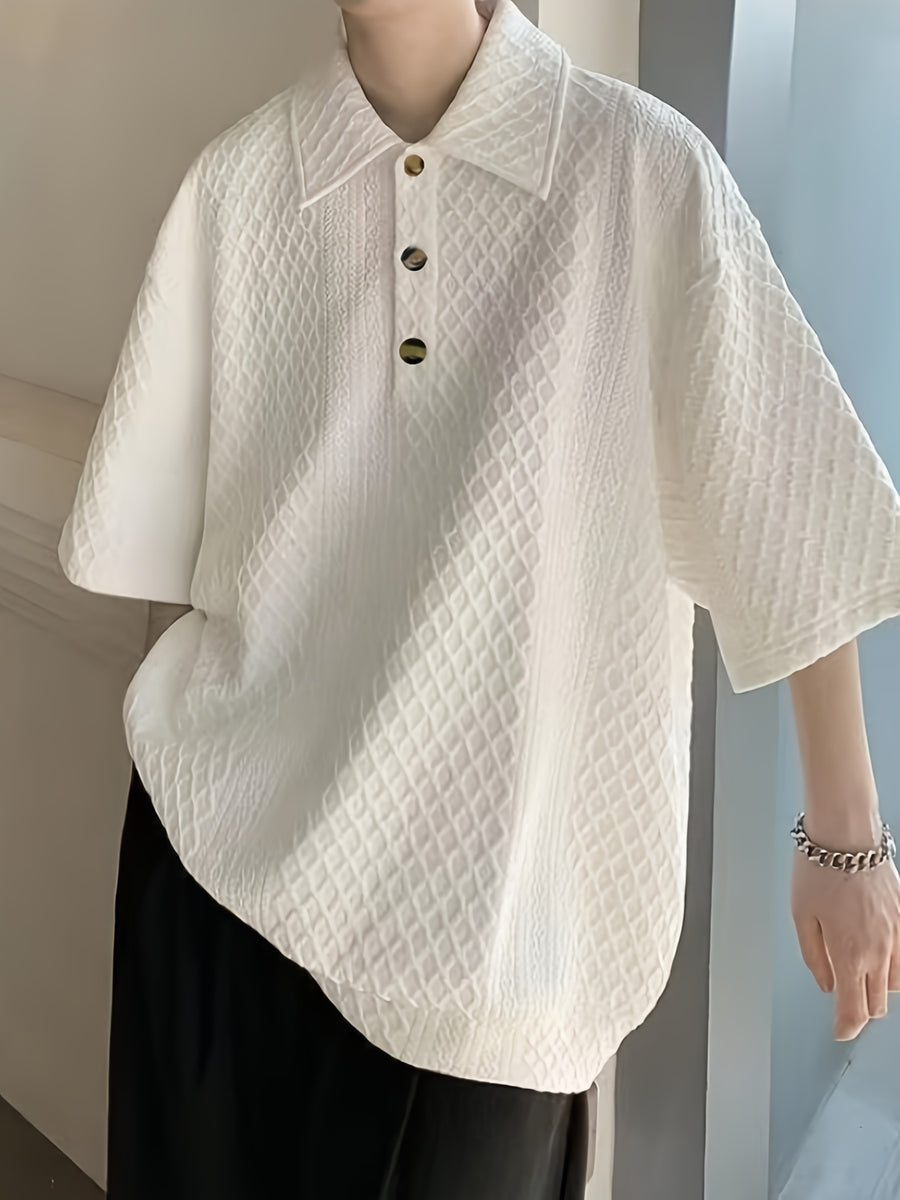Men's Summer Textured Short-Sleeve Polo Shirt, Casual Lapel, Breathable, Loose Fit, Vacation Style, Half-Open Collar Top, Random Texture - White