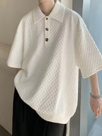 Men's Summer Textured Short-Sleeve Polo Shirt, Casual Lapel, Breathable, Loose Fit, Vacation Style, Half-Open Collar Top, Random Texture - White