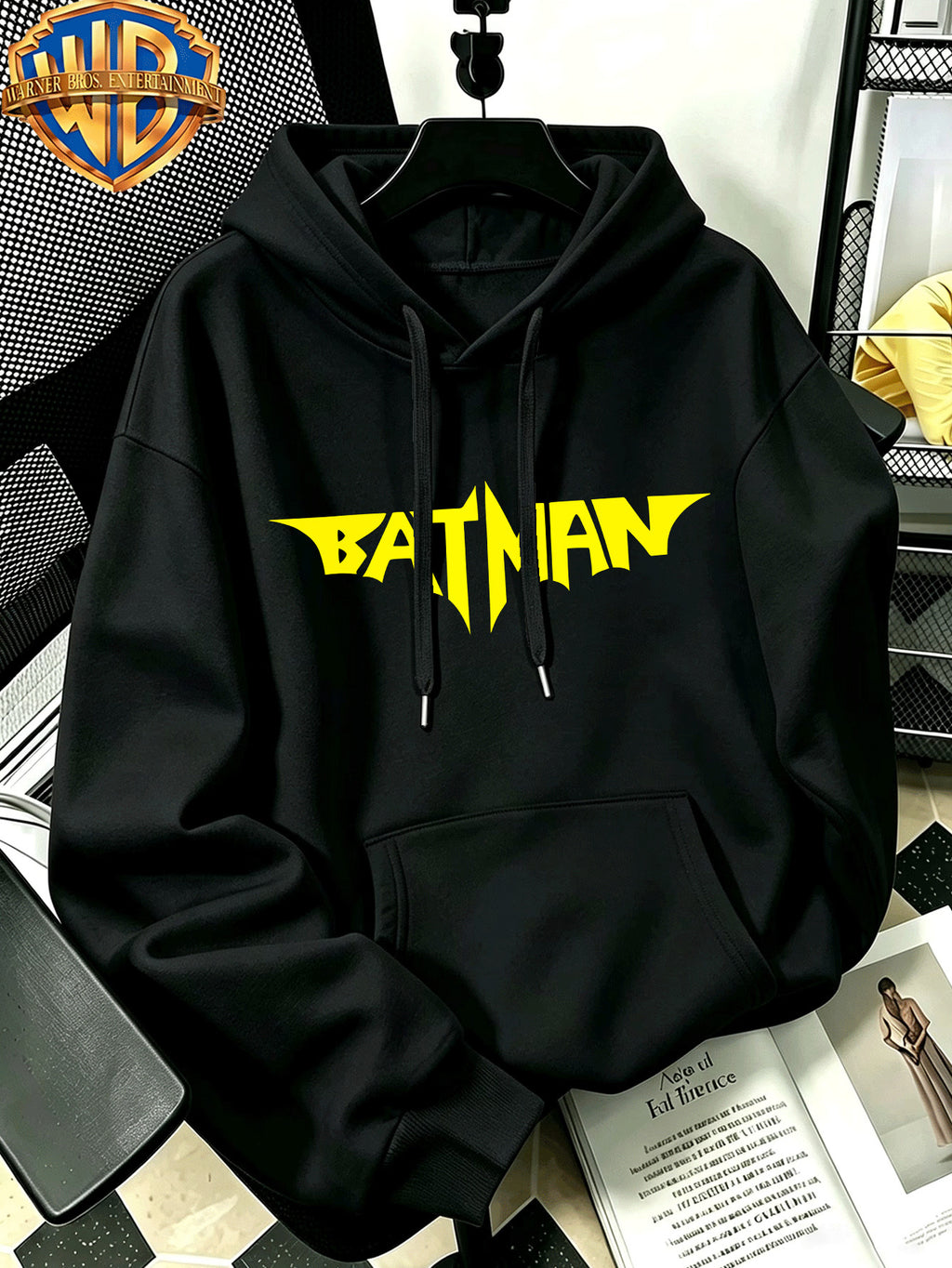 [Warner Bros. Official] Autumn/Winter Streetwear Fashion Men's Drawstring Pocket Hoodie Sweatshirt, Ripped Color Ink Batman Comic Book Cool Print Design, Sporty Style Loose Fit Hoodie, for Daily Casual Wear, Men's Trendy Fashion, Suitable for Home - Black