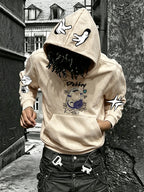 Autumn/Winter Men's Sweatshirt, Vintage Over-Ear Headphones Graffiti Letter Print Hoodie, Street Style Men's Hooded Sweatshirt, Casual and Versatile Fit, Suitable for Daily Wear, Casual and Sporty Outfits, Men's Autumn/Winter Essential Hoodie - Apricot