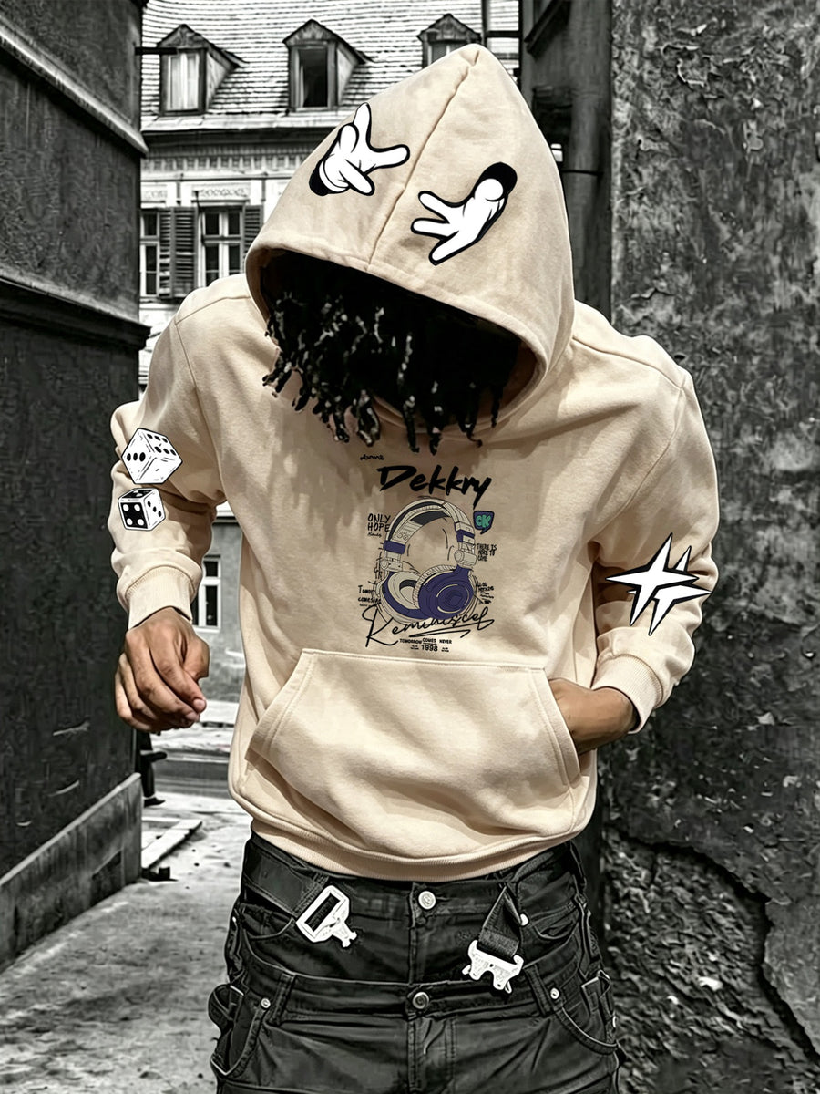 Autumn/Winter Men's Sweatshirt, Vintage Over-Ear Headphones Graffiti Letter Print Hoodie, Street Style Men's Hooded Sweatshirt, Casual and Versatile Fit, Suitable for Daily Wear, Casual and Sporty Outfits, Men's Autumn/Winter Essential Hoodie - Apricot