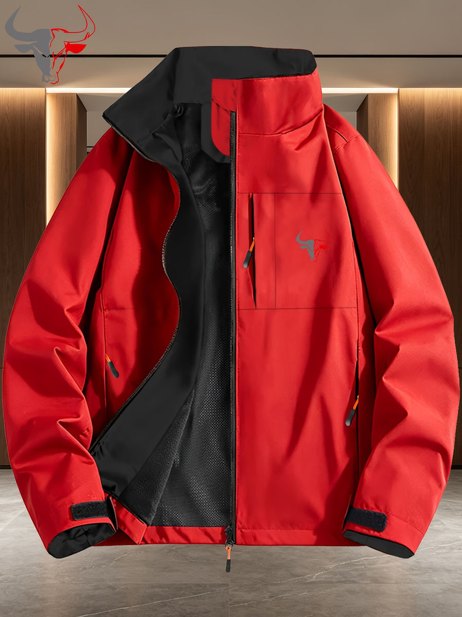 Gray- Head Pattern Contrast Lining Full Zip Stand Collar Windproof Jacket, Men Women Spring Autumn White Multi-Pocket Outdoor Fleece Coat Winter Clothes for Men - Red